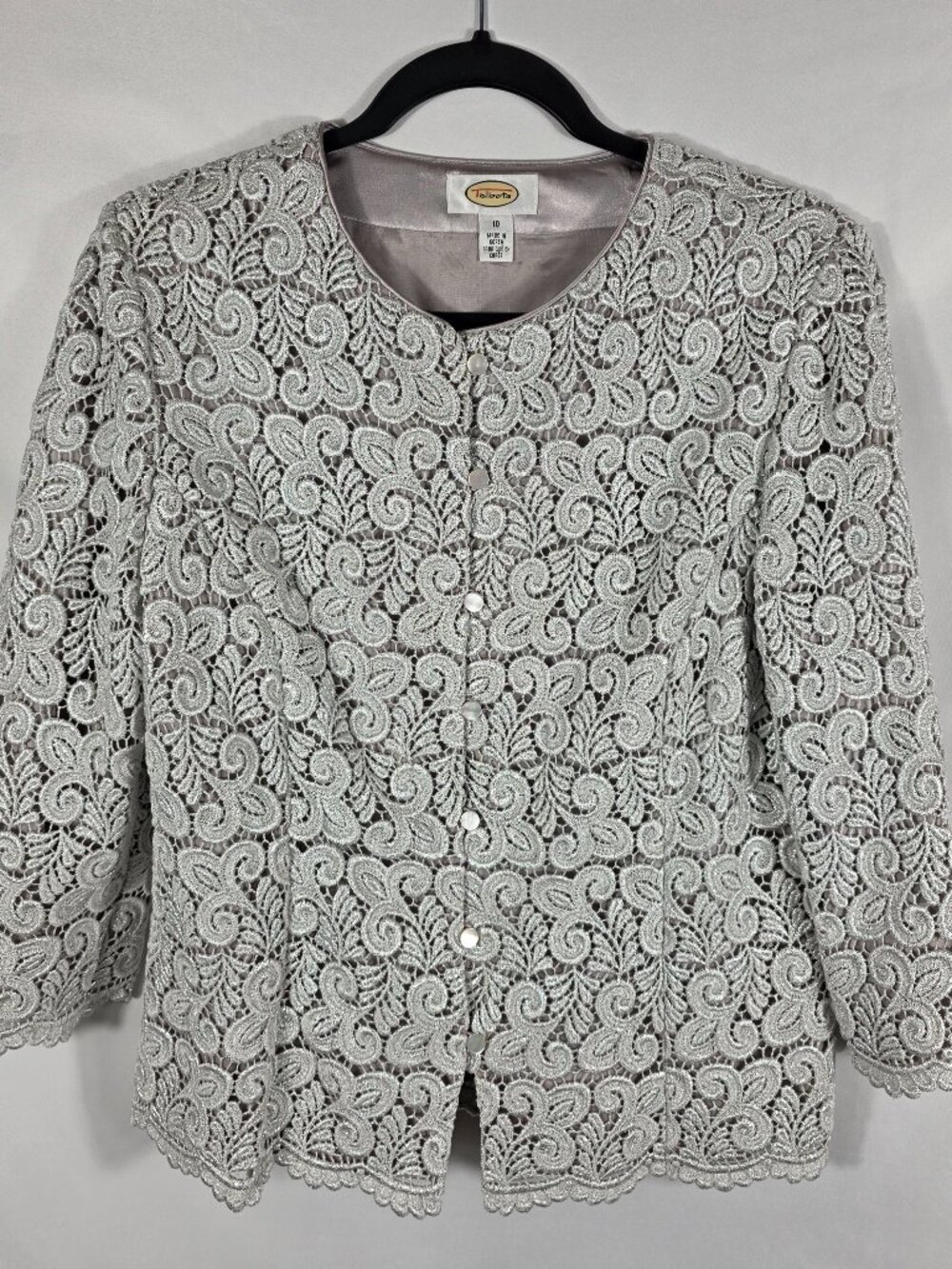 Talbots Metallic Silver Lace Jacket Women's Size 10 Swirled Design Button Front